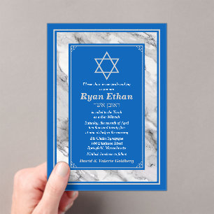 Invitations En Acrylique Israel Blue Marble Star de David Bar Mitzvah