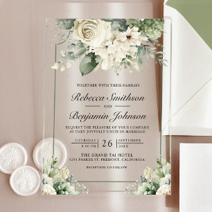 Invitations En Acrylique Ivoire Rose Vert Sauge Fleurs de Mariage