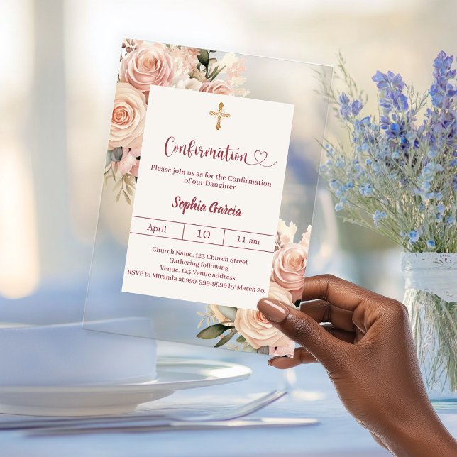 Invitations En Acrylique Ivory dusty rose florals luxury Confirmation (Créateur téléchargé)
