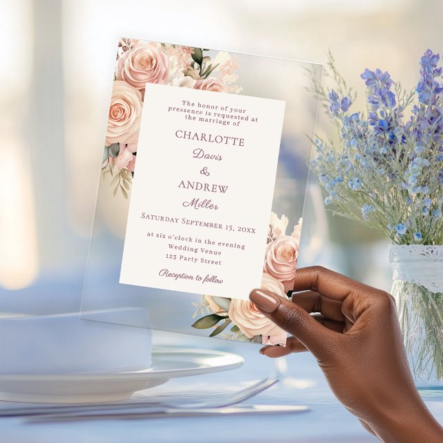 Invitations En Acrylique Ivory dusty rose florals luxury wedding (Créateur téléchargé)