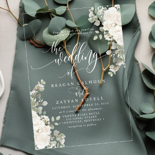 Invitations En Acrylique Ivory Et Sage Chic Script Élégant Mariage Floral