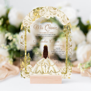 Invitations En Acrylique Ivy Blanc Floral Princesse Or Arc Quinceanera