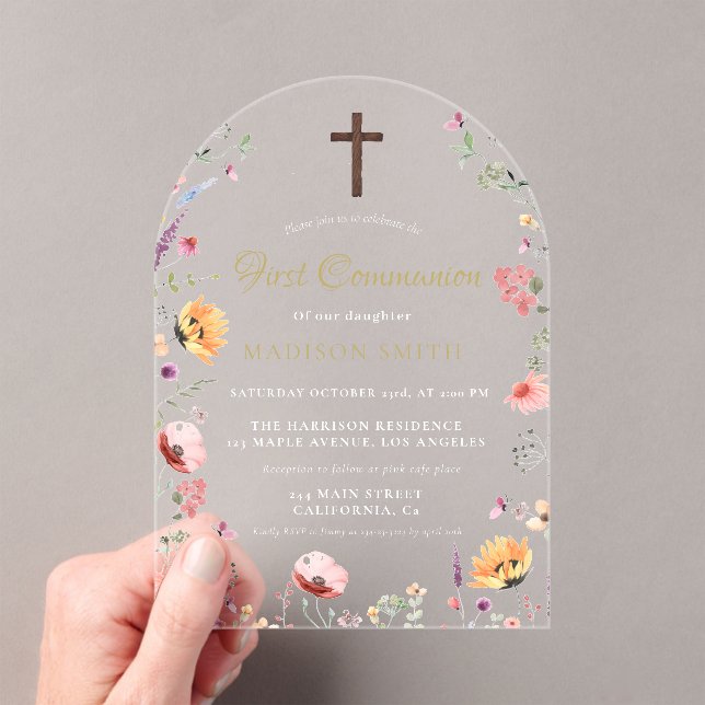 Invitations En Acrylique Jardin Fleur sauvage élégant Première Communion Sa (In situ (ordinateur de poche))
