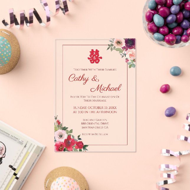 Invitations En Acrylique Jardin fleuri violet rouge mariage chinois (Insitu (Célébration))