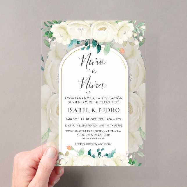 Invitations En Acrylique Jardin Floral Blanc Moderne Espagnol Sexe Révéler (In situ (ordinateur de poche))