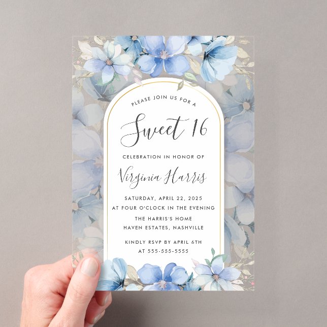 Invitations En Acrylique Jardin Floral Bleu Sweet sixteen 16 Anniversaire (In situ (ordinateur de poche))