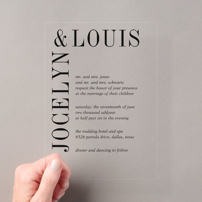 Invitations En Acrylique Jocelyn Mariage moderne noir et blanc (In situ (ordinateur de poche))
