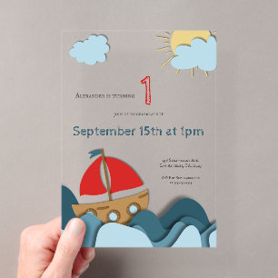 Invitations En Acrylique Joli bateau à voiles Thème marin pour le premier a