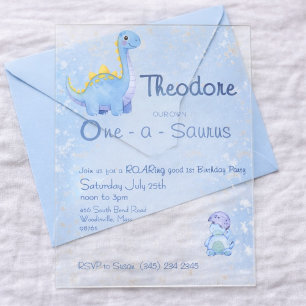 Invitations En Acrylique Joli garçon bleu aquarelle One-a-Saurus 1er annive