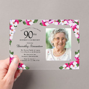 Invitations En Acrylique Joli Magenta rose blanc Photo 90e anniversaire