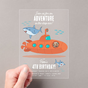 Invitations En Acrylique Joli Sous-Marin Anniversaire Enfants Photo Requin 