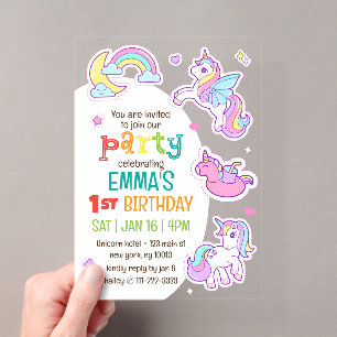 Invitations En Acrylique Jolie Licorne Arc-en-Ciel Moderne Fête d'Anniversa