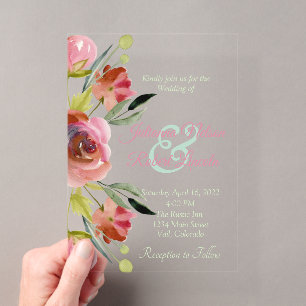 Invitations En Acrylique Jolie mariage floral aquarelle rose