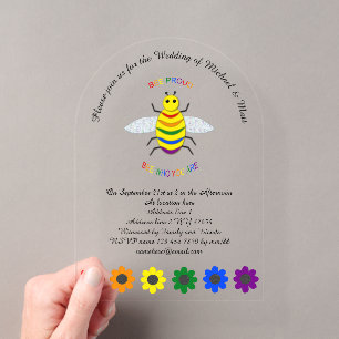 Invitations En Acrylique Jolie Mariage LGBT Fier Arc-en-ciel Abeille et Fle