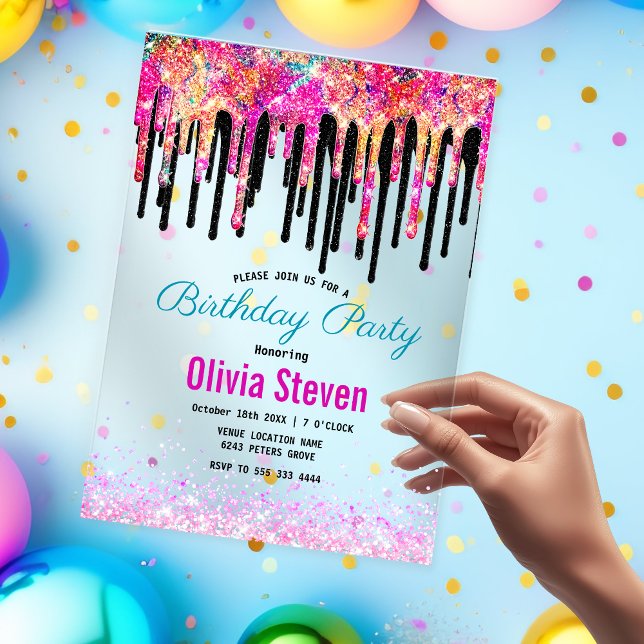 Invitations En Acrylique Jolie parties scintillant colorée gouttes d'annive (Créateur téléchargé)