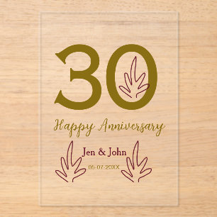 Invitations En Acrylique Joyeux 30e anniversaire nom date feuille rouge dor
