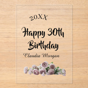 Invitations En Acrylique Joyeux 30e anniversaire rose blanc mauve floral no
