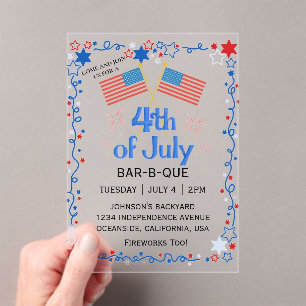 Invitations En Acrylique Juillet Quatrième Américain Drapeau BBQ Fireworks