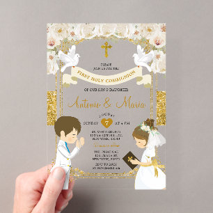 Invitations En Acrylique Jumeaux garçon et fille Fleur blanche 1ère communi
