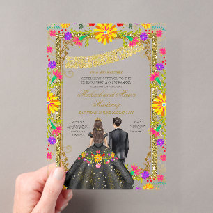 Invitations En Acrylique Jumelles Coloré Floral Fiesta Cadre Doré Mis Quinc