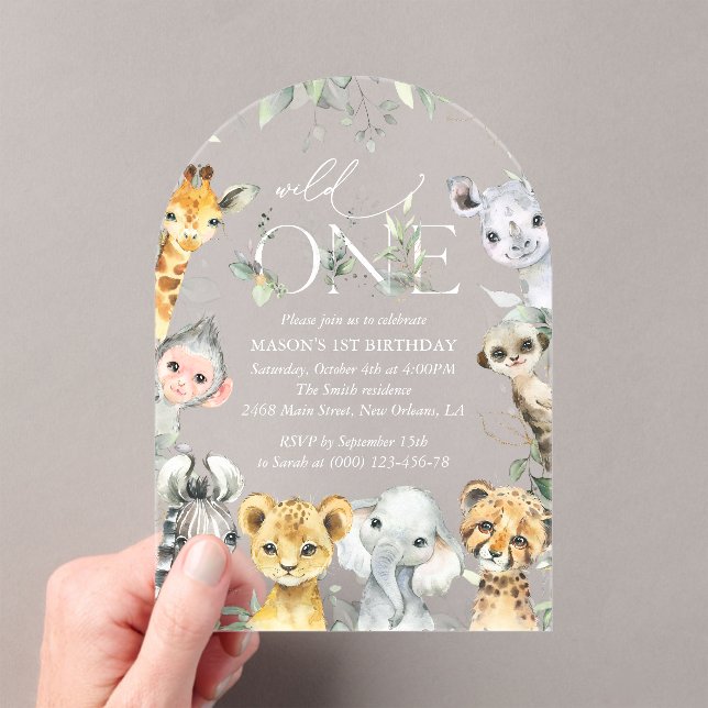 Invitations En Acrylique Jungle Animals, Safari, Wild One, First Birthday (In situ (ordinateur de poche))