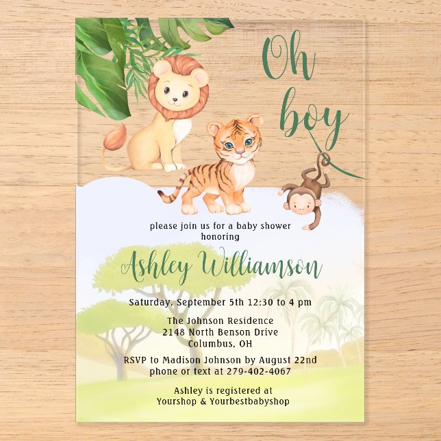 Invitations En Acrylique Jungle Safari Animaux Oh Baby shower Garçon (Recto)