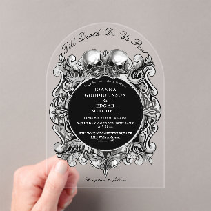 Invitations En Acrylique Jusqu'à la mort Crânes gothiques Monogramme Mariag