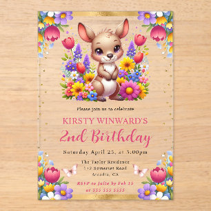 Invitations En Acrylique Kangourou de Pâques aquarelle Fleurs de printemps 