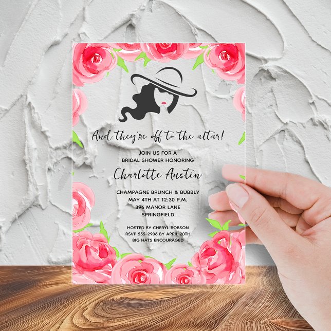 Invitations En Acrylique La grande Fête des mariées Casquette de la dame (Big hat and roses off to the altar bridal shower acrylic invitations - order clear or frosted)
