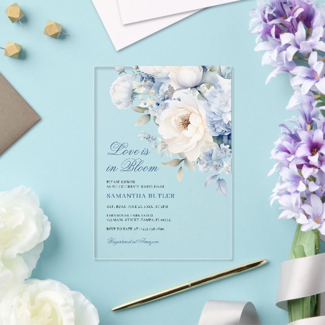 Invitations En Acrylique L'amour est dans la Fête des mariées Fleurs Bleues (Insitu (Mariage))