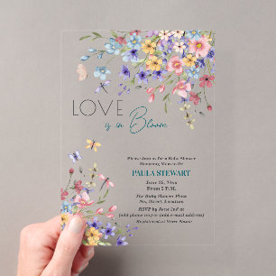 Invitations En Acrylique L'amour est en fleurs Libellules Baby Shower Bleu