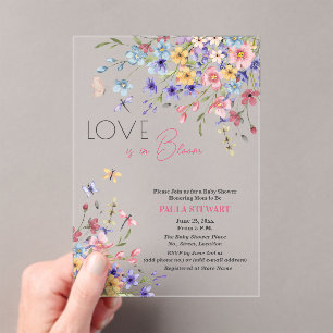 Invitations En Acrylique L'amour est en fleurs Libellules Rose Baby Shower