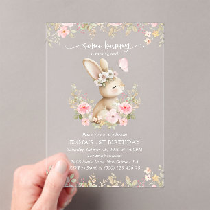 Invitations En Acrylique Lapin, Papillon, Fleurs Roses, Premier Anniversair