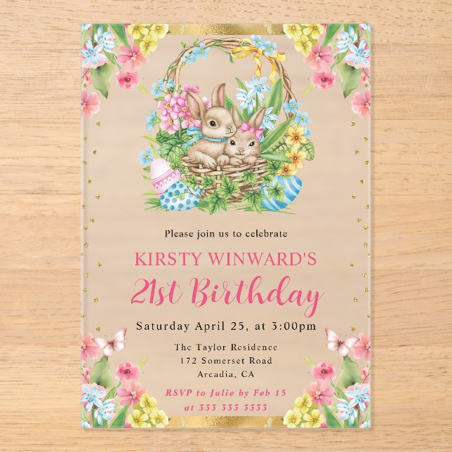 Invitations En Acrylique Lapins de Pâques à l'aquarelle Anniversaire 21 Pri (Recto)
