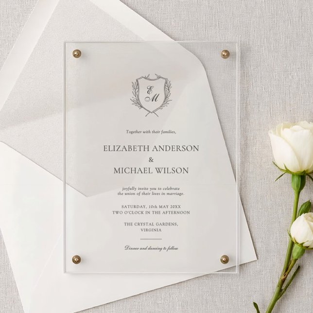 Invitations En Acrylique Laurel Wreath Crest Minimalist Classic Wedding (Créateur téléchargé)