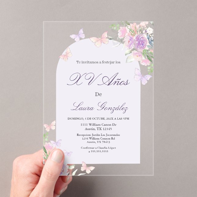 Invitations En Acrylique Lavande avec papillons Quinceanera espagnol Acry (In situ (ordinateur de poche))