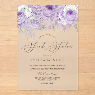 Invitations En Acrylique Lavande Violet Étincelle Floral Sweet 16 Glacé