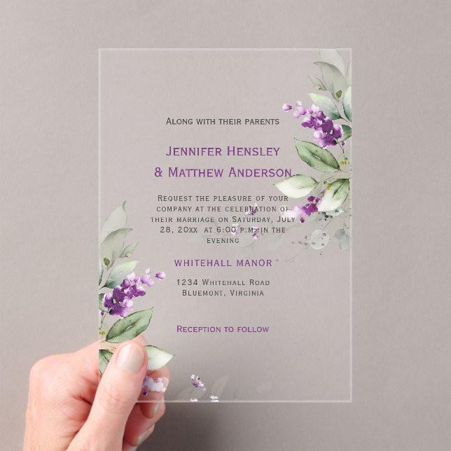 Invitations En Acrylique Lavande violette Mariage de verdure Florale (In situ (ordinateur de poche))