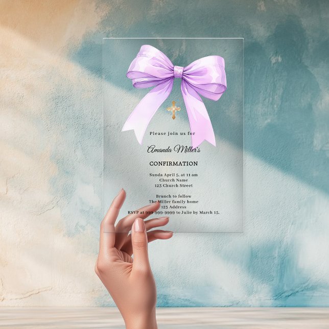 Invitations En Acrylique Lavender bow cream girl clear Confirmation (Créateur téléchargé)