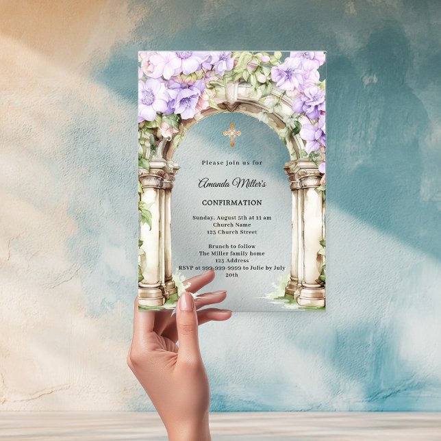 Invitations En Acrylique Lavender florals arch girl Confirmation clear (Créateur téléchargé)