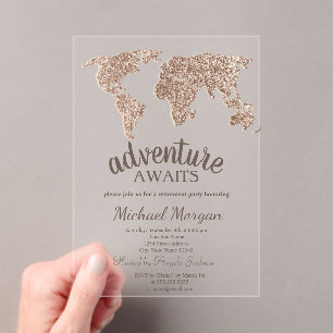Invitations En Acrylique L'aventure Attend Carte du Monde Pailletée de Retr