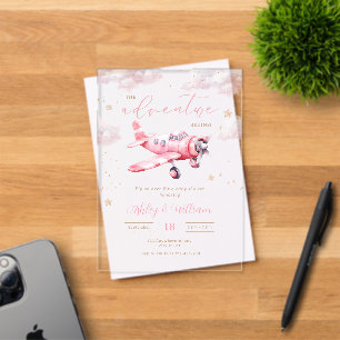 Invitations En Acrylique L'aventure Commence Fille au Petit Avion Rose Baby