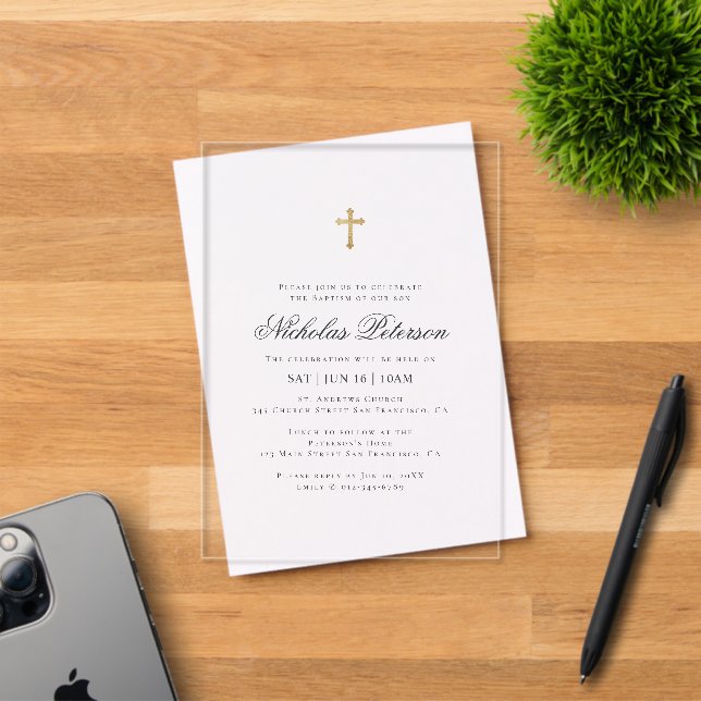 Invitations En Acrylique Le Baptême Pour Lui | Croix d'or minimaliste (Insitu (Carte d'invitation))