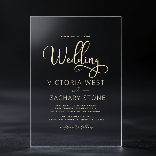 Invitations En Acrylique Le Mariage du script Mariage d'or (Créateur téléchargé)