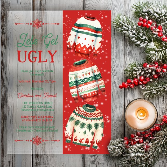 Invitations En Acrylique Let's Get Ugly Christmas Sweater Party ("Let's Get Ugly" Retro Ugly Christmas Sweater Holiday Party Acrylic Invitation)