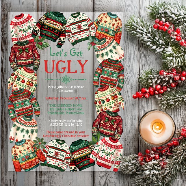 Invitations En Acrylique Let's Get Ugly Christmas Sweater Party  ("Let's Get Ugly" Ugly Christmas Sweater Frame Holiday Party Acrylic Invitation)