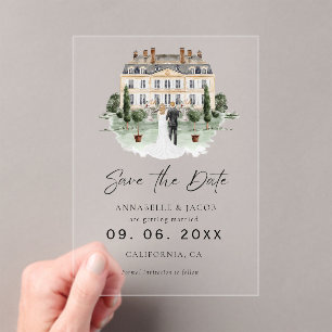 Invitations En Acrylique Lieu de mariage à l'aquarelle Enregistrer la date 