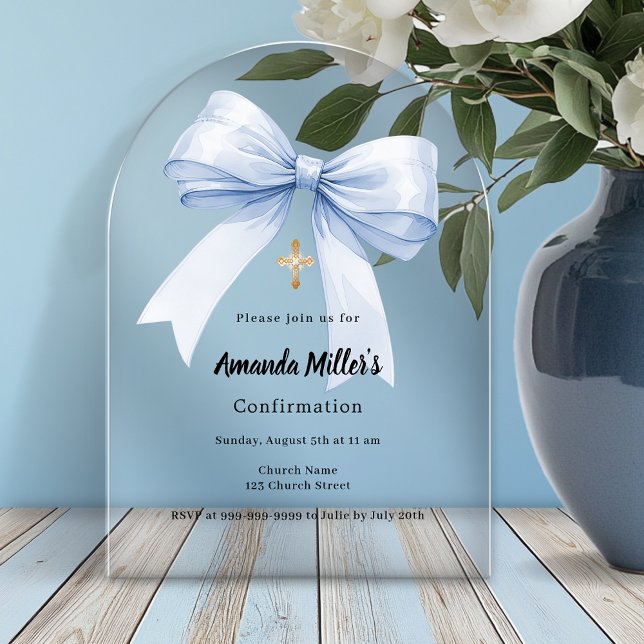 Invitations En Acrylique Light blue bow girl arch luxury Confirmation (Créateur téléchargé)