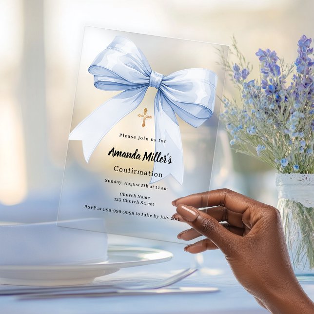 Invitations En Acrylique Light blue bow girl clear luxury Confirmation (Créateur téléchargé)