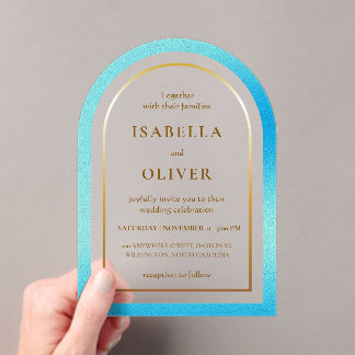 Invitations En Acrylique Light blue golden frame gradient wedding
